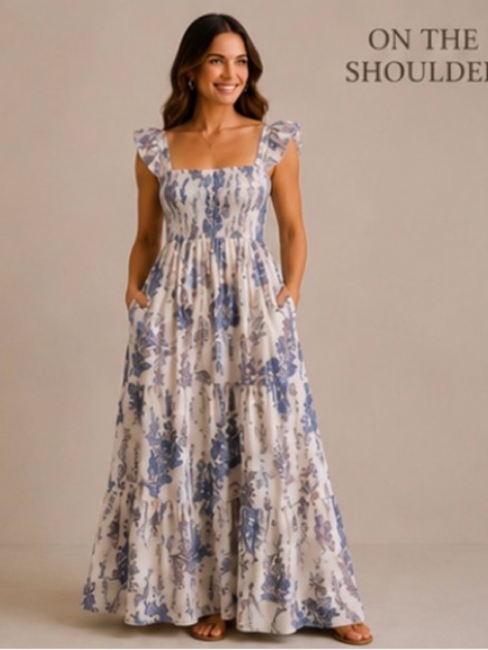 Smocked Square-Neck Floral Maxi Dress in Blue and Cream “The Bloom Collection “ - Picture 2 of 6